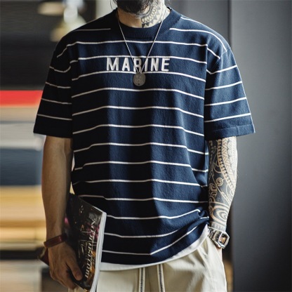 美式復古撞色條紋短袖T恤字母印花半袖海魂衫體恤男夏-Retro's Wear