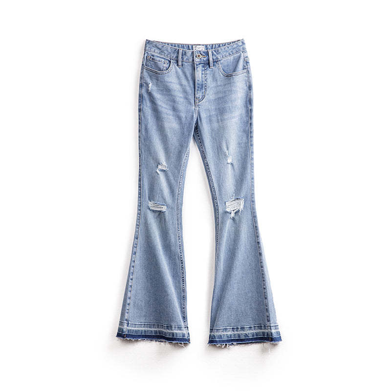 破洞淺色牛仔褲修身微喇叭褲顯瘦長款馬蹄褲毛邊長褲夏女-Retro's Wear