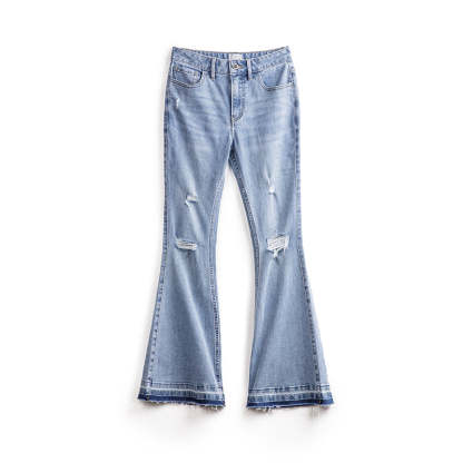 破洞淺色牛仔褲修身微喇叭褲顯瘦長款馬蹄褲毛邊長褲夏女-Retro's Wear