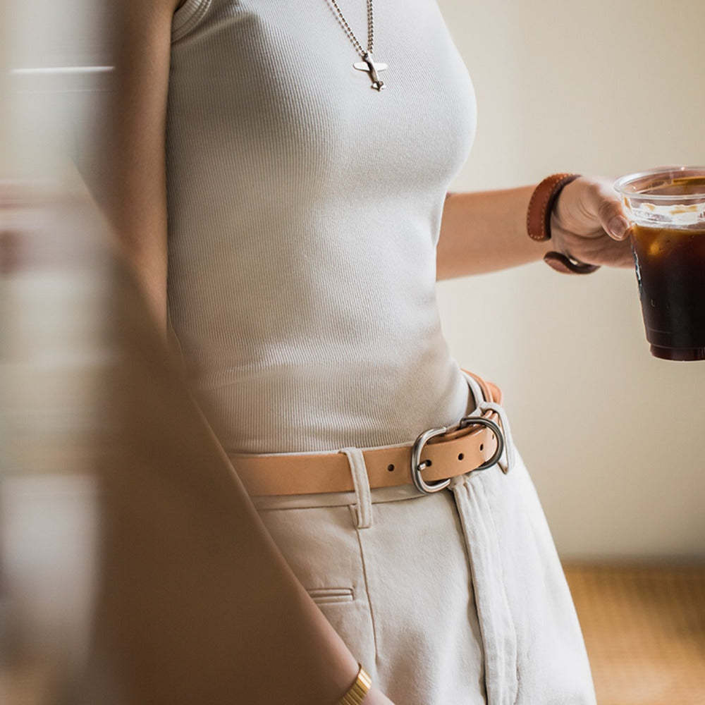 植鞣頭層真牛皮小皮帶牛仔褲簡約雙環裝潢細黑色腰帶-Retro's Wear