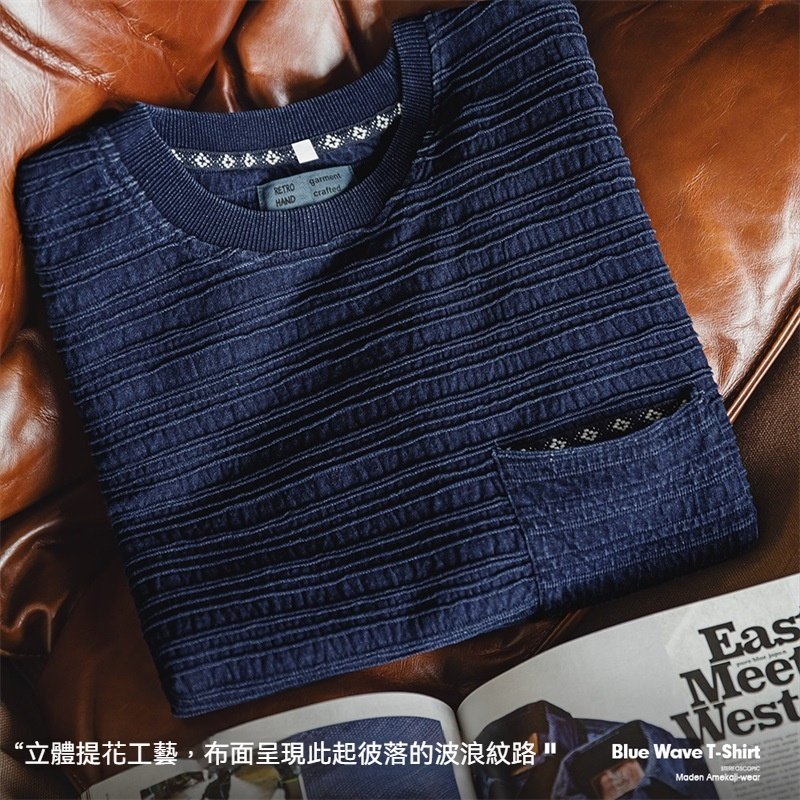 美式復古針織提花波浪紋T恤肌理感咔嘰寬鬆短袖體恤男夏-Retro's Wear