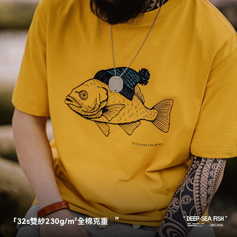美式復古深海魚植絨印花T恤動物純棉圓領短袖體恤男夏-Retro's Wear