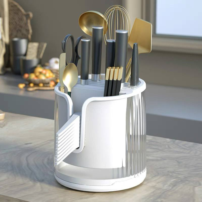 Minimalist utensil organizer with rotating base and removable drain tray
