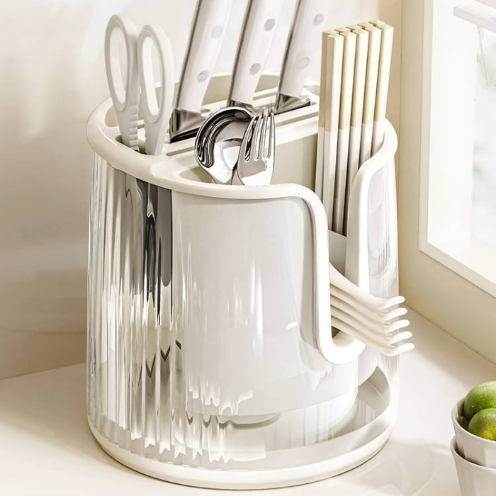 Minimalist utensil organizer with rotating base and removable drain tray