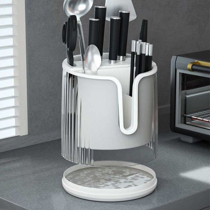Minimalist utensil organizer with rotating base and removable drain tray