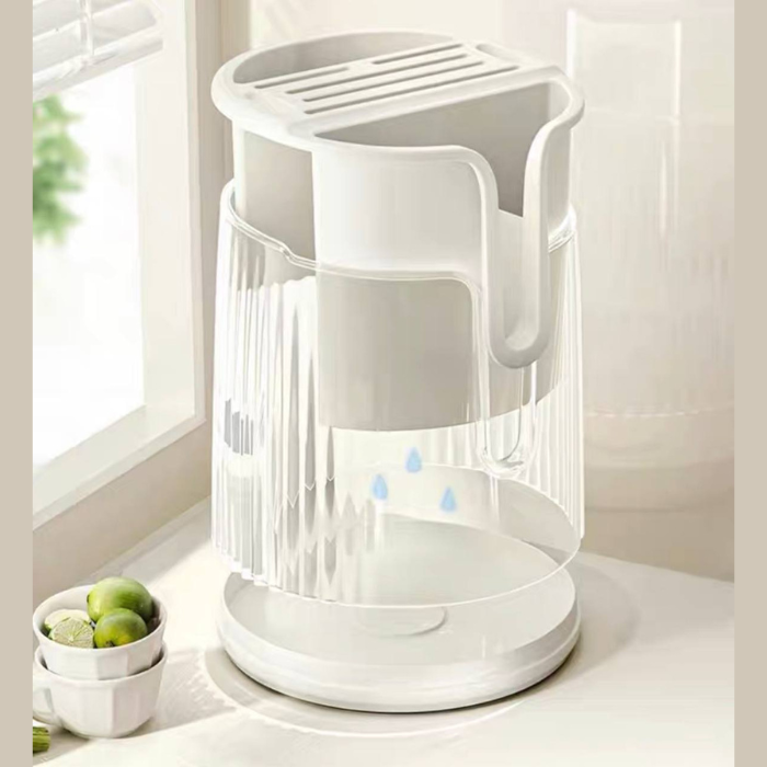 Minimalist utensil organizer with rotating base and removable drain tray