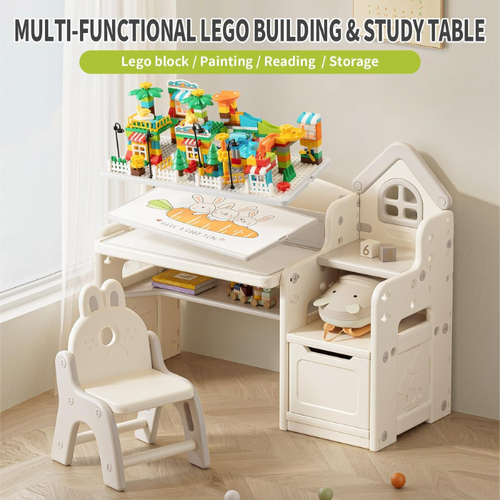 Kids 3 in 1 Multifunctional Desk, Kids Activity Table, Children Height Adjustable Learning Desk, Toddler Drawing Table Art Table with Chair Set