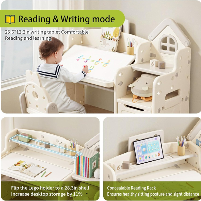 Kids 3 in 1 Multifunctional Desk, Kids Activity Table, Children Height Adjustable Learning Desk, Toddler Drawing Table Art Table with Chair Set