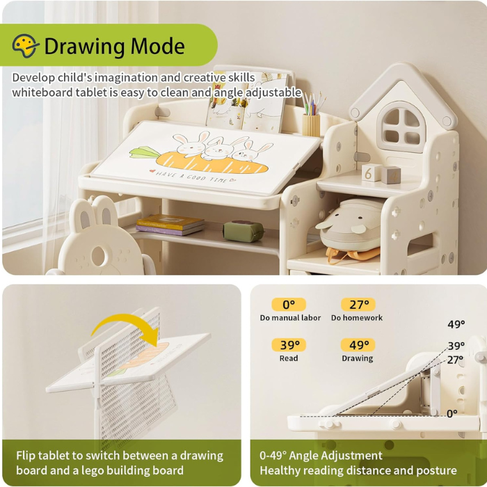 Kids 3 in 1 Multifunctional Desk, Kids Activity Table, Children Height Adjustable Learning Desk, Toddler Drawing Table Art Table with Chair Set
