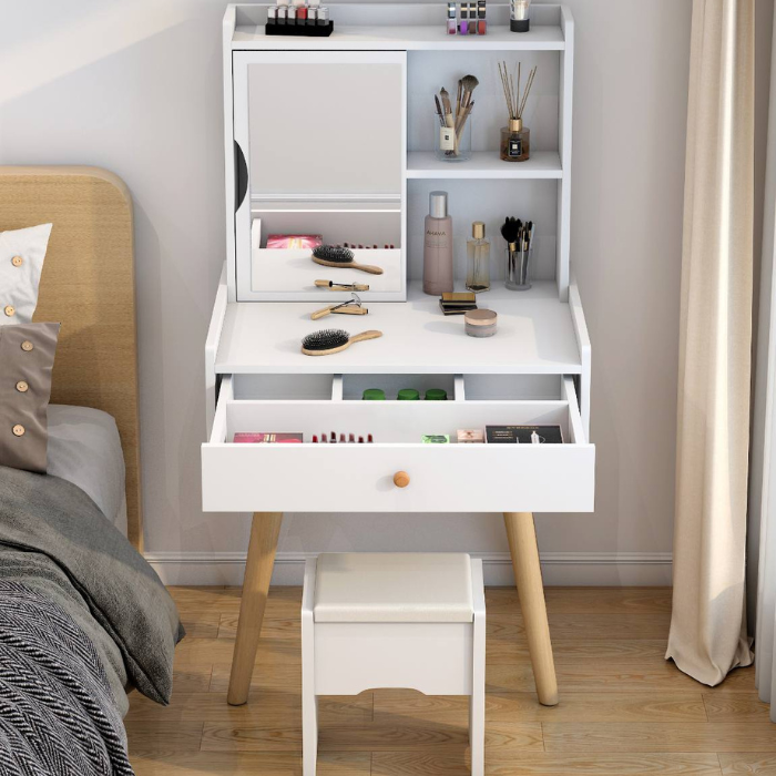 Small dressing table with mirror cabinet and drawer / vanity cabinet with stool