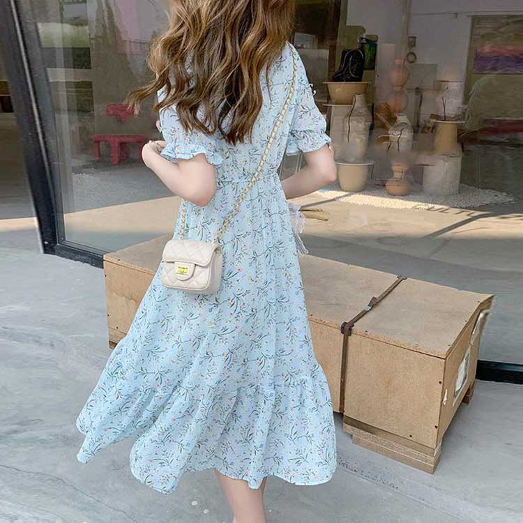 韓版泡泡袖雪紡碎花連身裙
