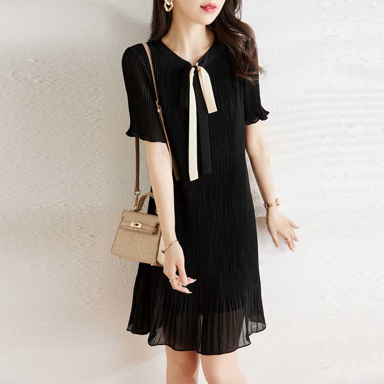 氣質蝴蝶結喇叭袖雪紡連身裙