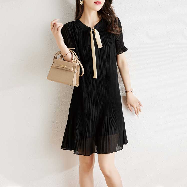 氣質蝴蝶結喇叭袖雪紡連身裙