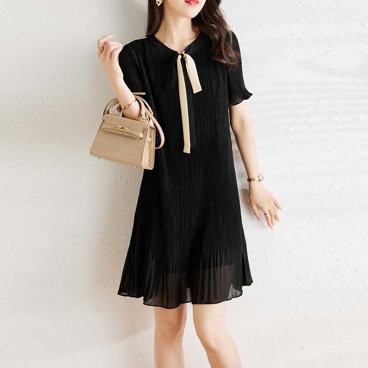 氣質蝴蝶結喇叭袖雪紡連身裙