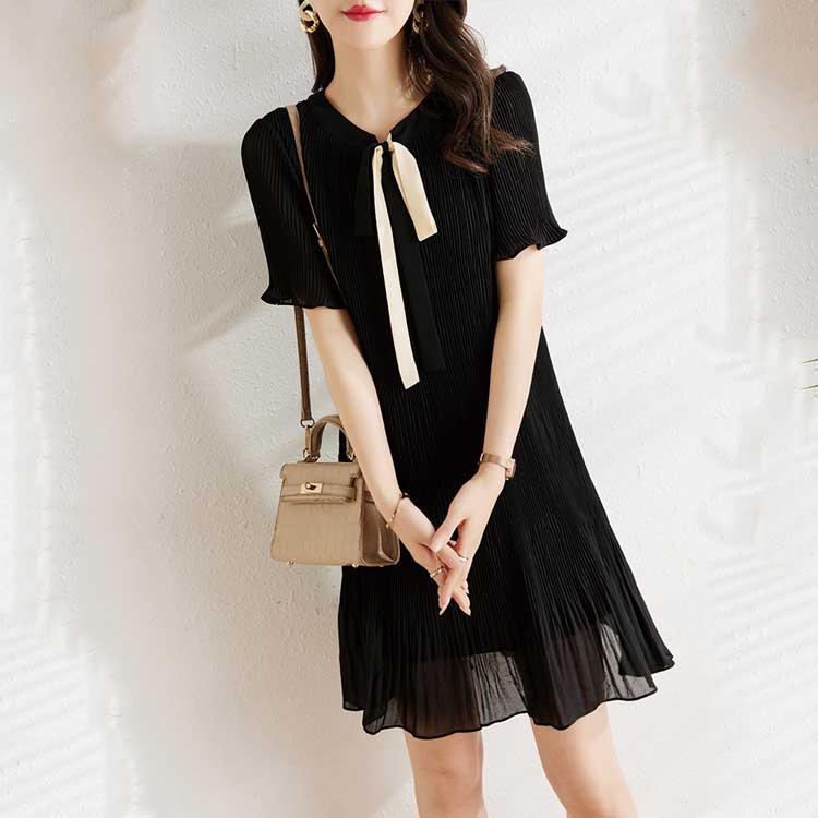 氣質蝴蝶結喇叭袖雪紡連身裙