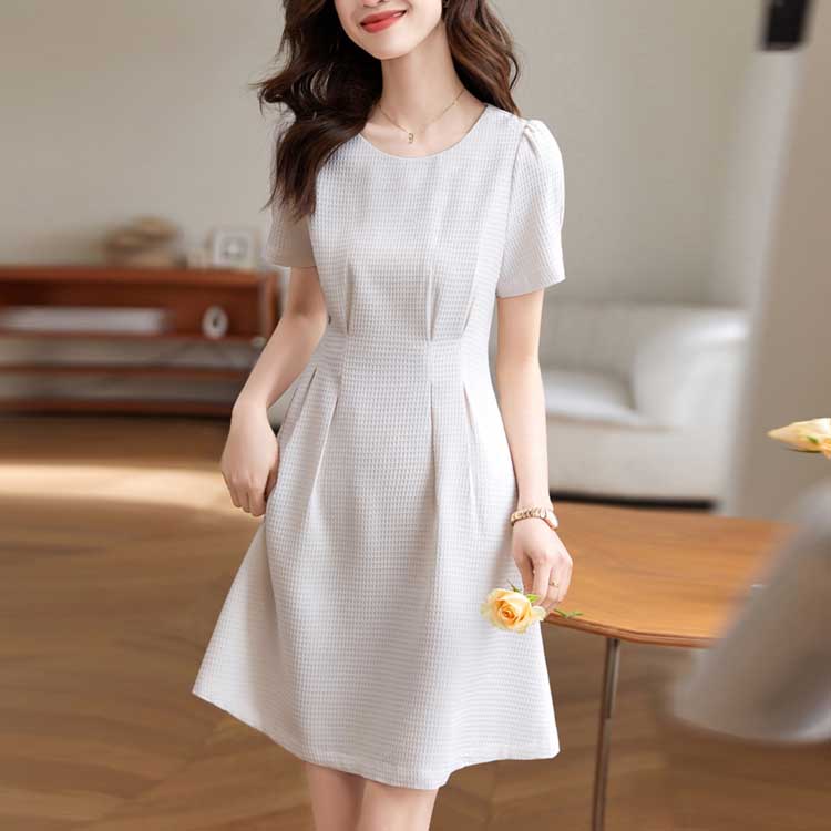 百搭純色華夫格收腰連身裙