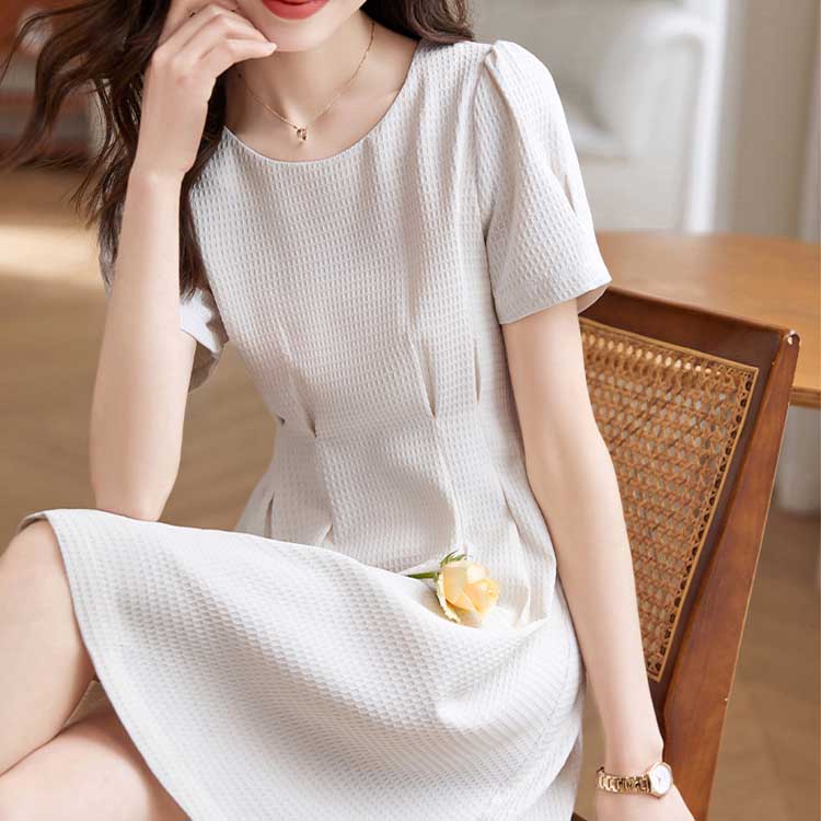 百搭純色華夫格收腰連身裙