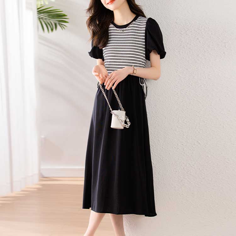 韓繫條紋拼接收腰連身裙