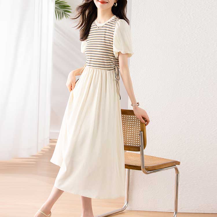 韓繫條紋拼接收腰連身裙