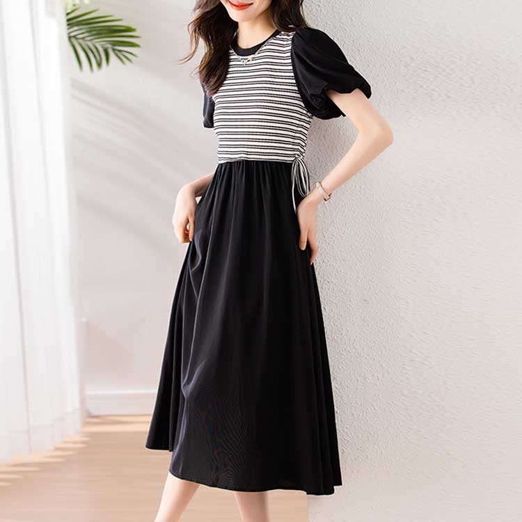 韓繫條紋拼接收腰連身裙