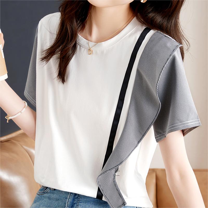 時尚不規則條紋荷葉邊短袖T恤