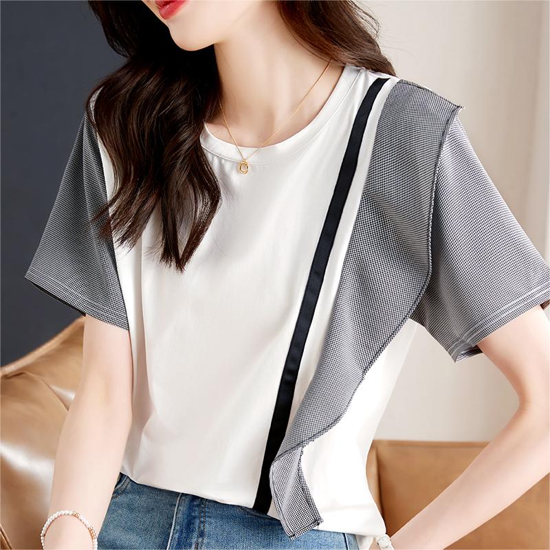 時尚不規則條紋荷葉邊短袖T恤