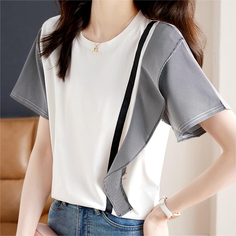 時尚不規則條紋荷葉邊短袖T恤