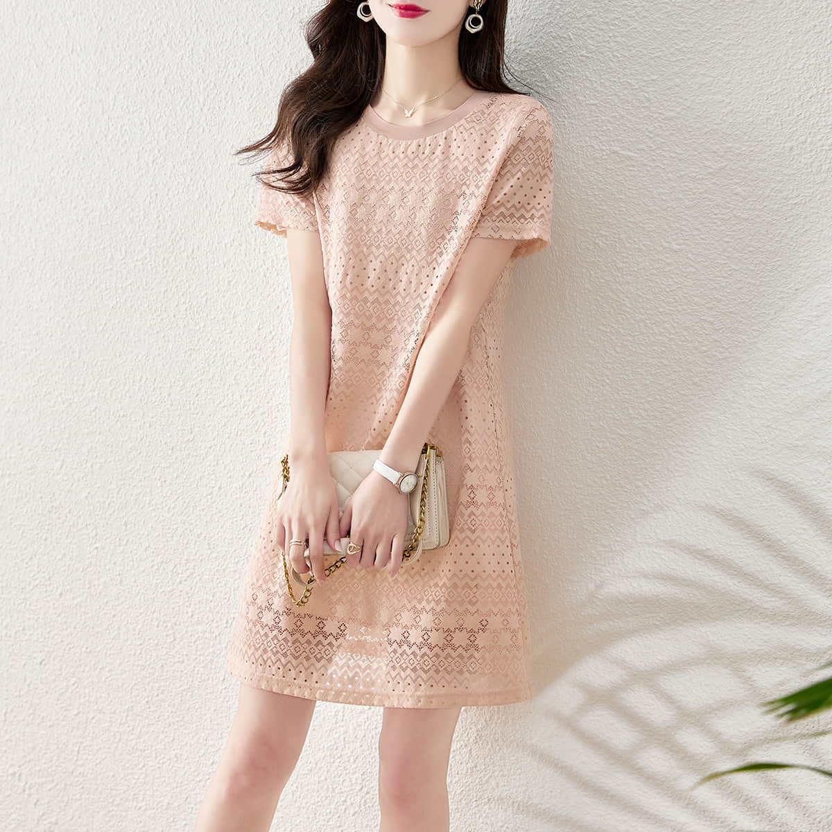 民族風鏤空刺繡提花圓領洋裝