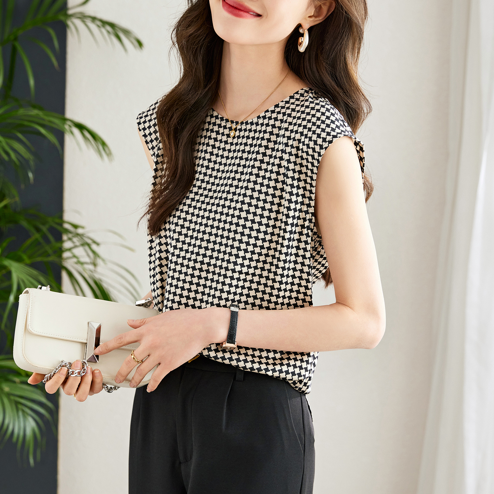 設計感格子無袖套頭背心