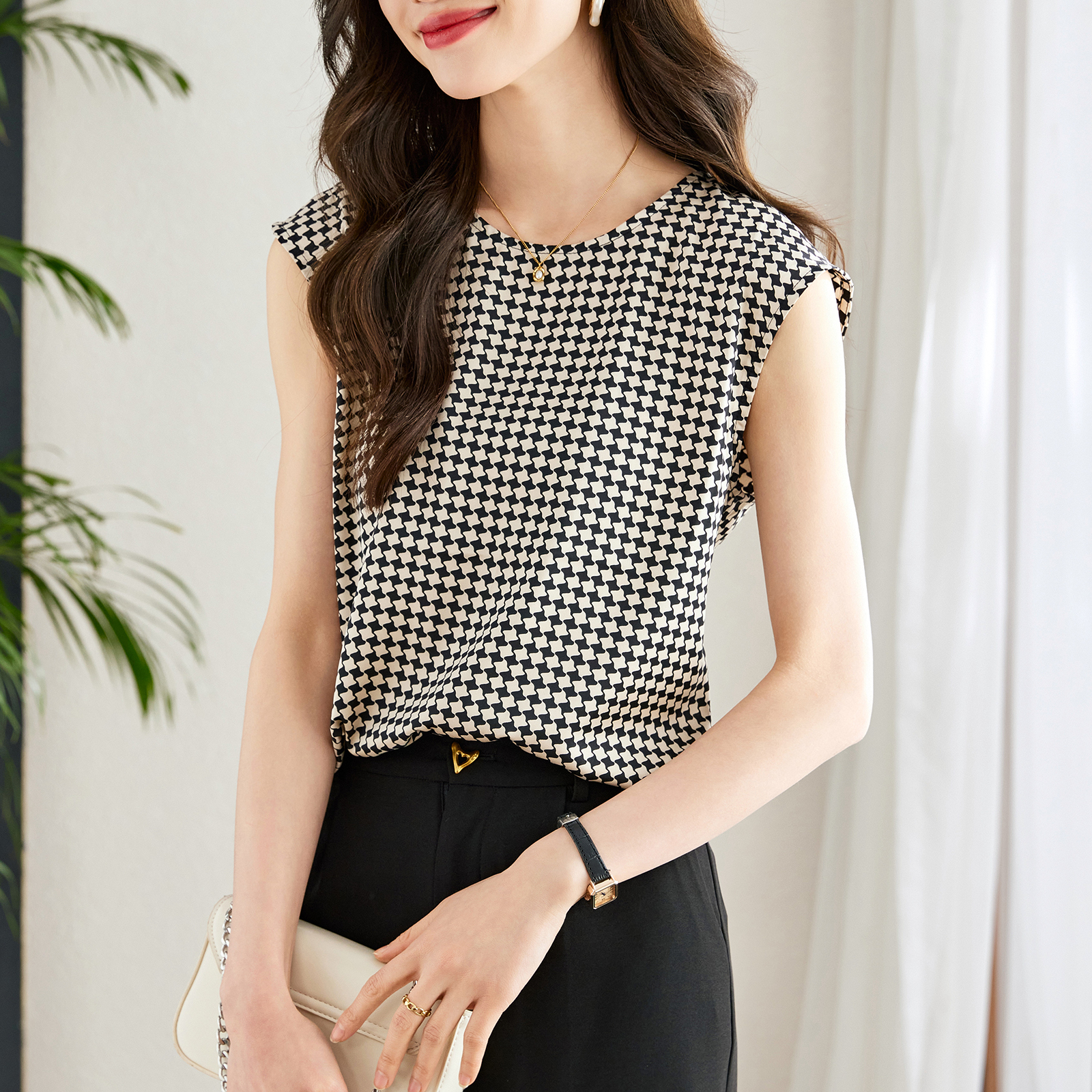 設計感格子無袖套頭背心