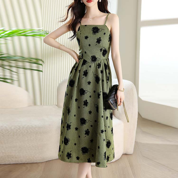 茶歇法式印花高腰吊帶連身裙