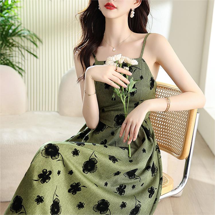 茶歇法式印花高腰吊帶連身裙