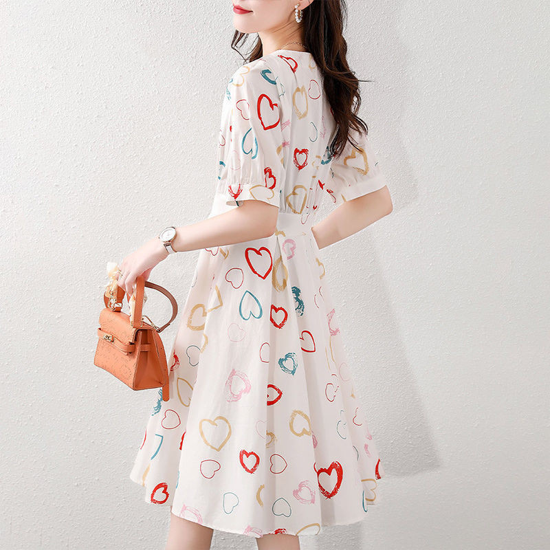 韓版簡約愛心印花V領短袖連身裙
