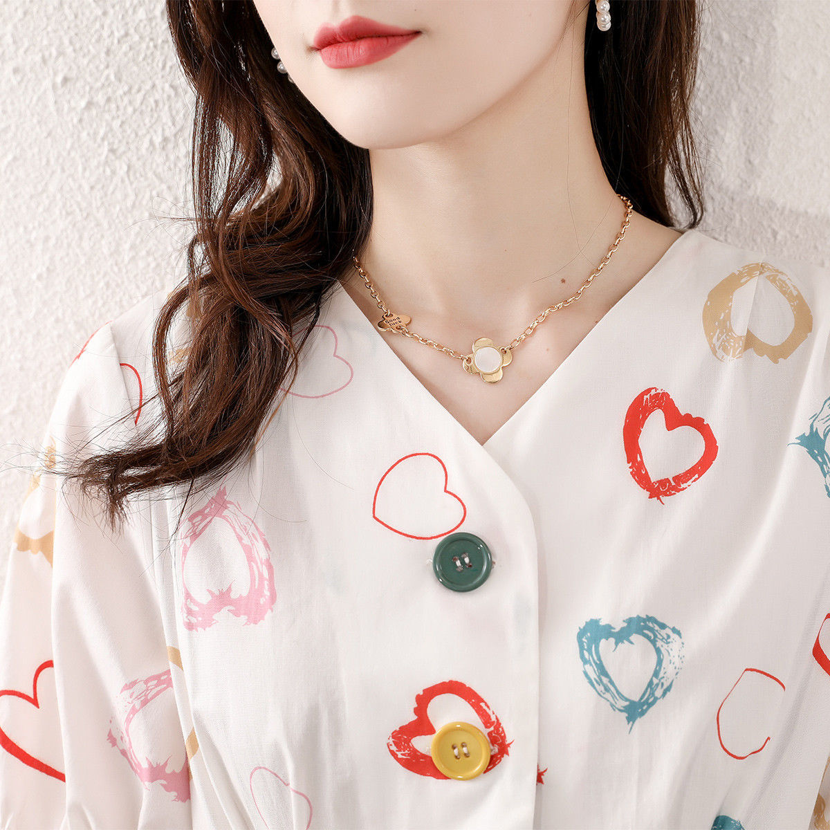 韓版簡約愛心印花V領短袖連身裙