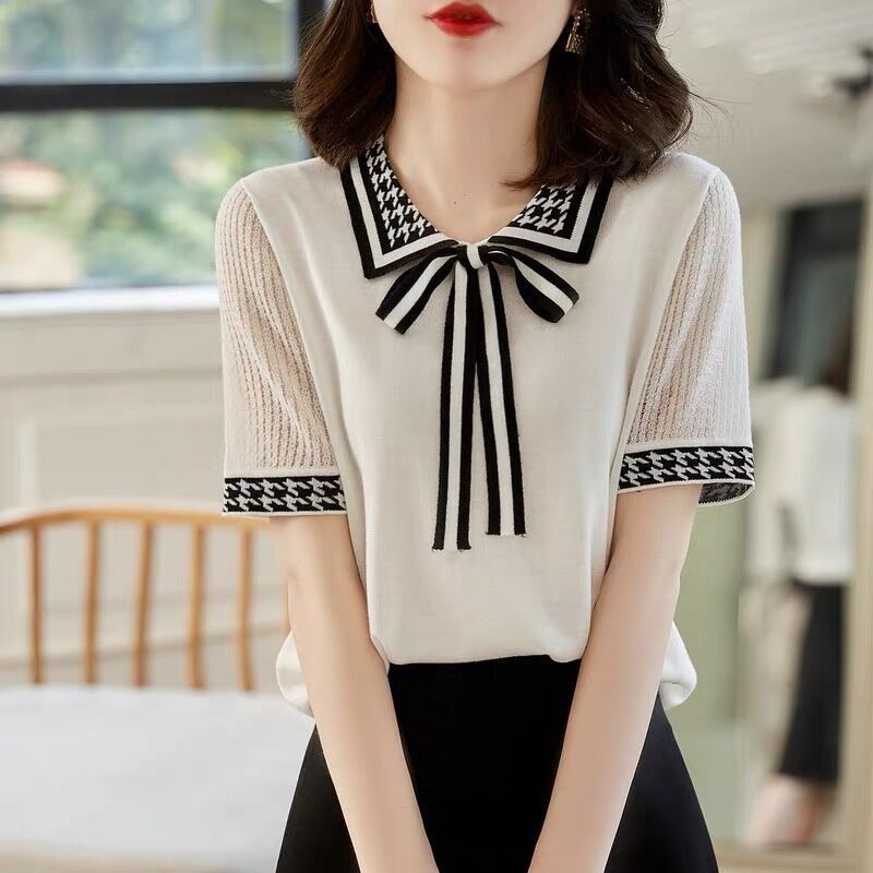 氣質撞色polo領蝴蝶結冰絲針織衫