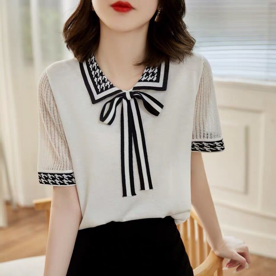 氣質撞色polo領蝴蝶結冰絲針織衫