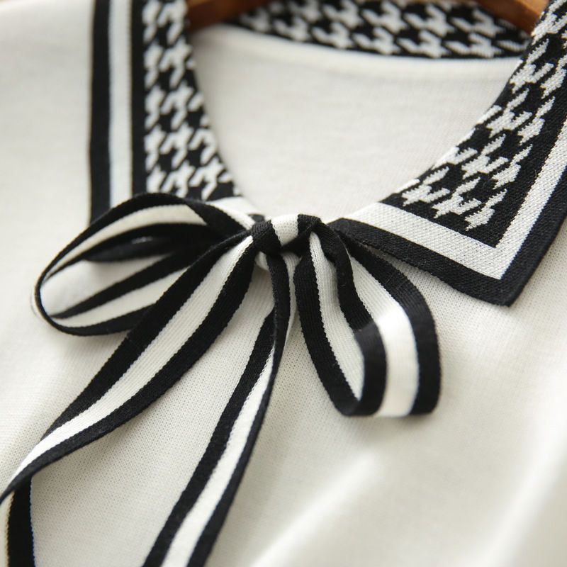 氣質撞色polo領蝴蝶結冰絲針織衫