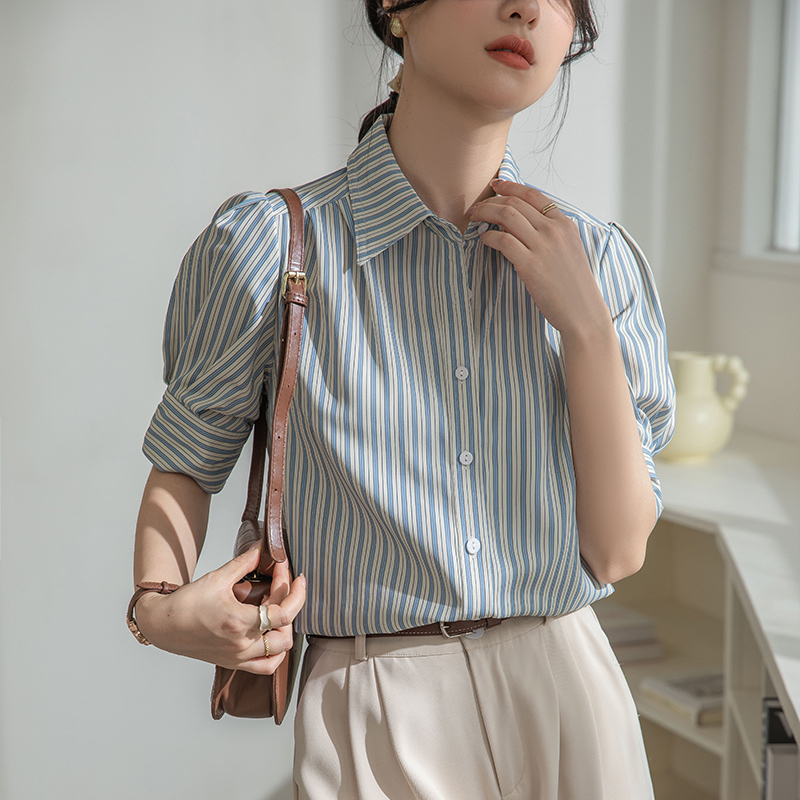 法式條紋泡泡袖襯衫