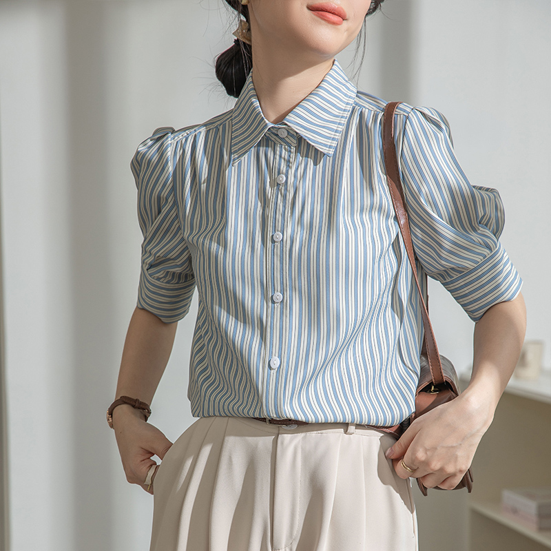 法式條紋泡泡袖襯衫