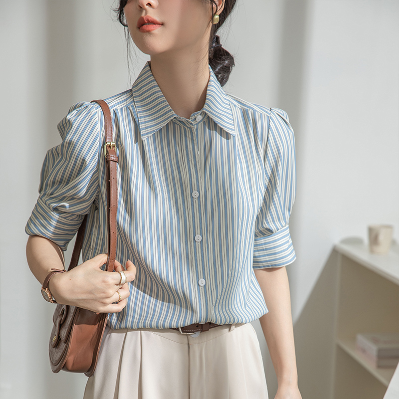 法式條紋泡泡袖襯衫