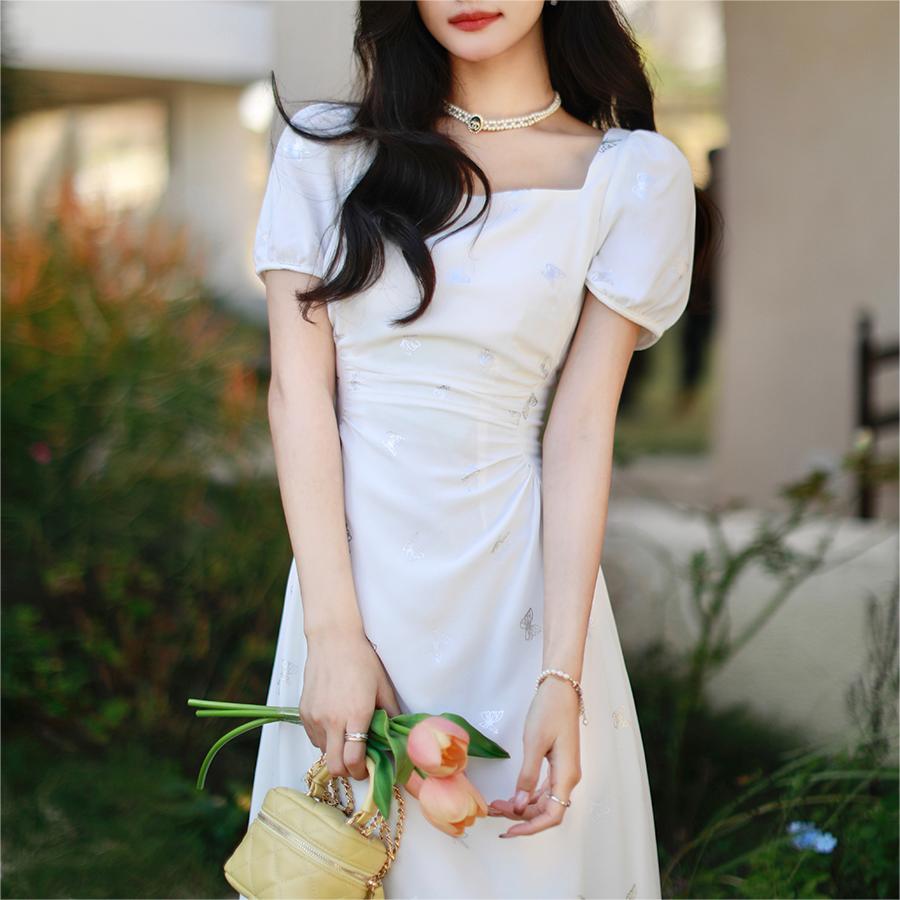 優雅氣質方領蝴蝶印花洋裝