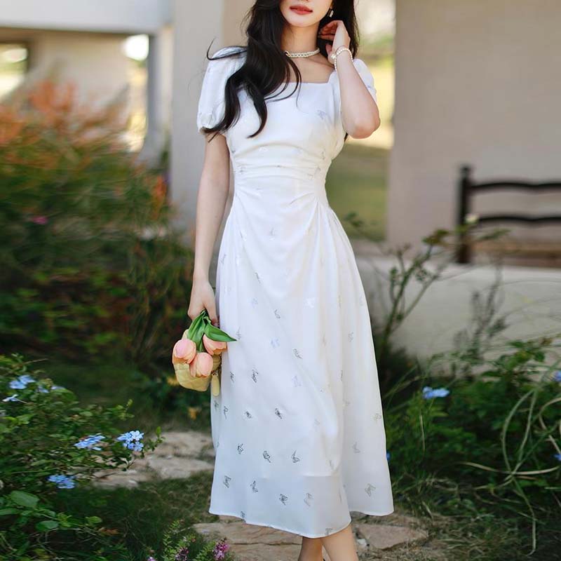 優雅氣質方領蝴蝶印花洋裝