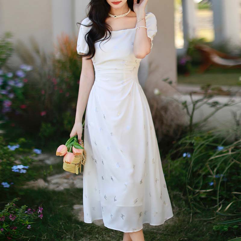 優雅氣質方領蝴蝶印花洋裝