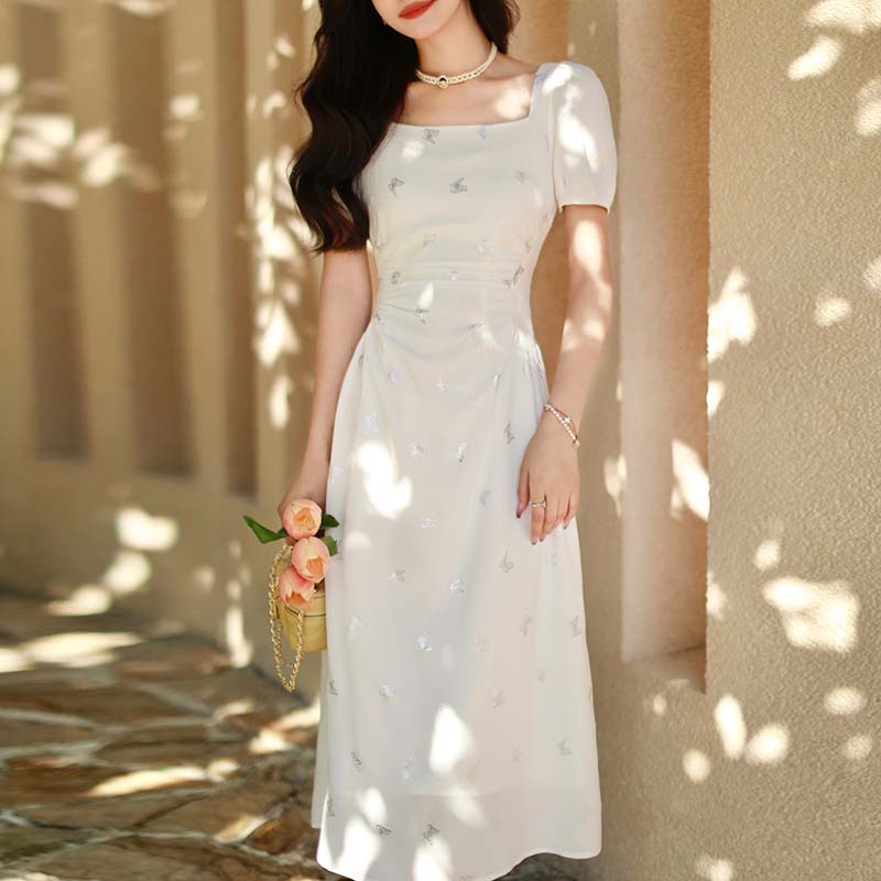 優雅氣質方領蝴蝶印花洋裝