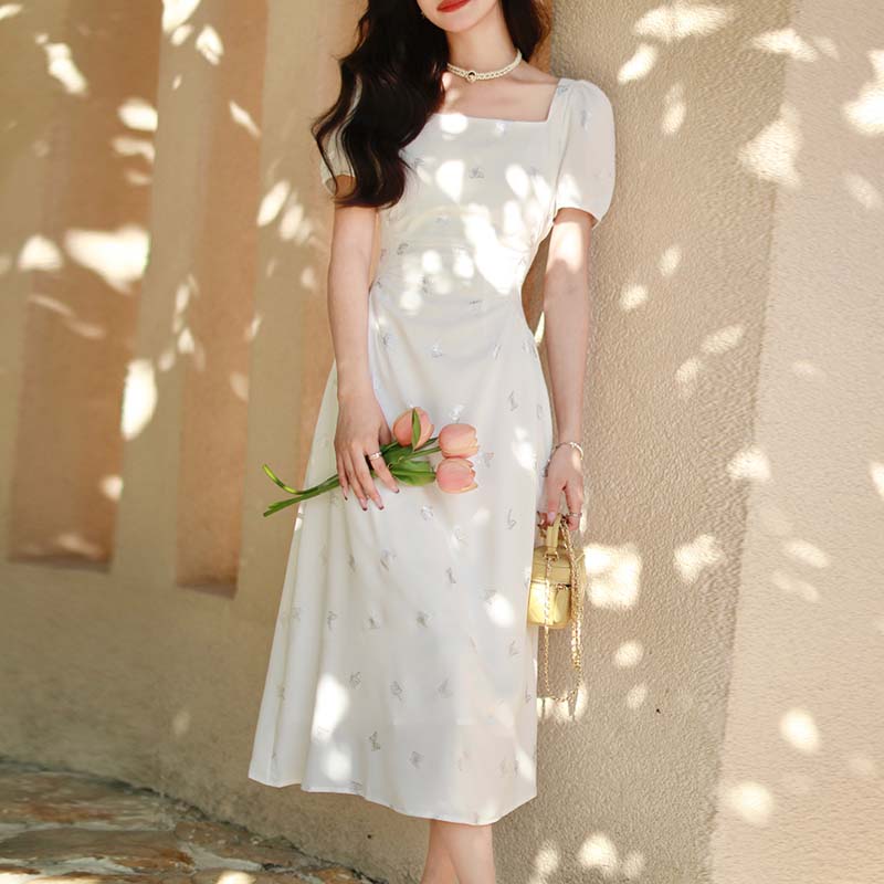 優雅氣質方領蝴蝶印花洋裝