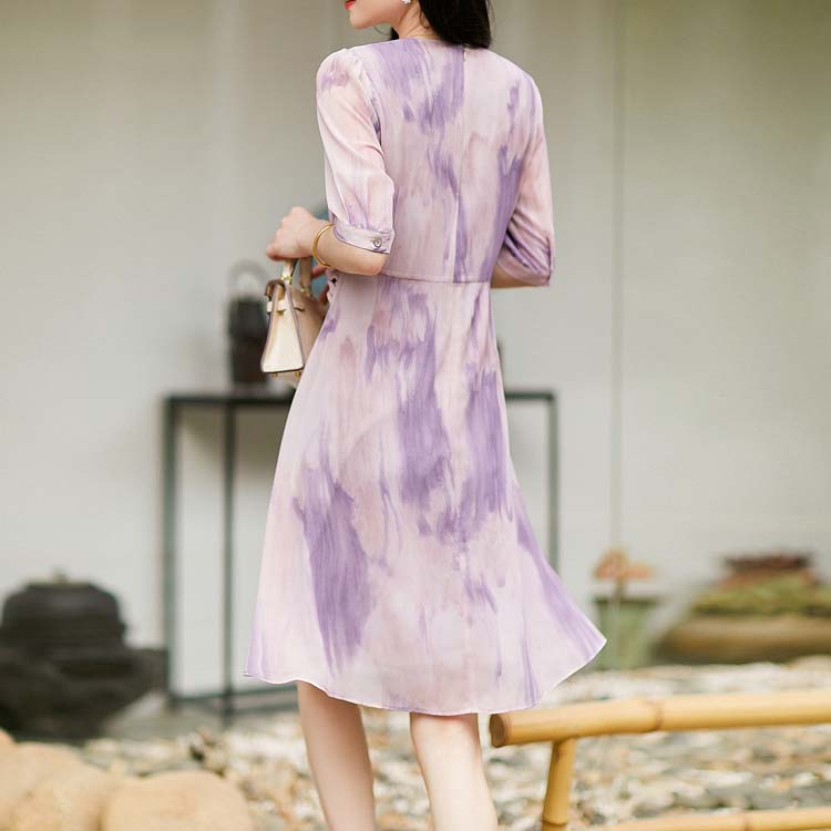 法式別緻暈染V領立體扭結桑蠶絲連身裙