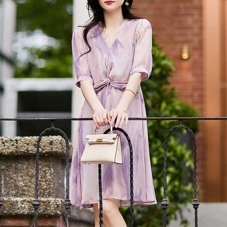 法式別緻暈染V領立體扭結桑蠶絲連身裙