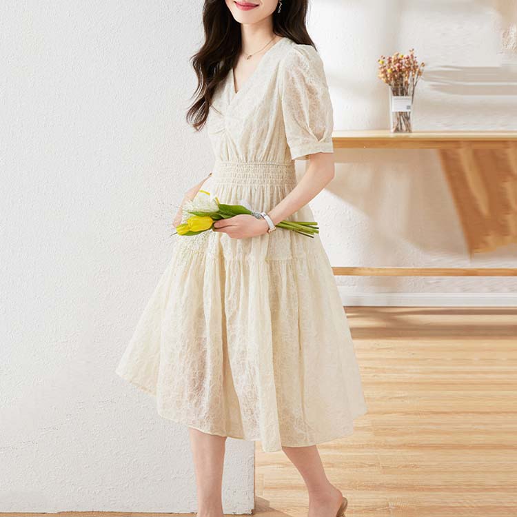 設計感V領壓褶短袖收腰連身裙