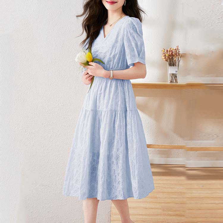 設計感V領壓褶短袖收腰連身裙