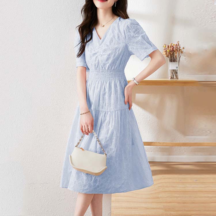 設計感V領壓褶短袖收腰連身裙